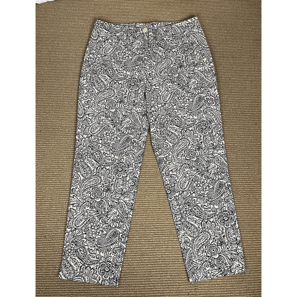 Talbots Women's Crop Pants Beige Blue Paisley Floral Stretch Size 6P